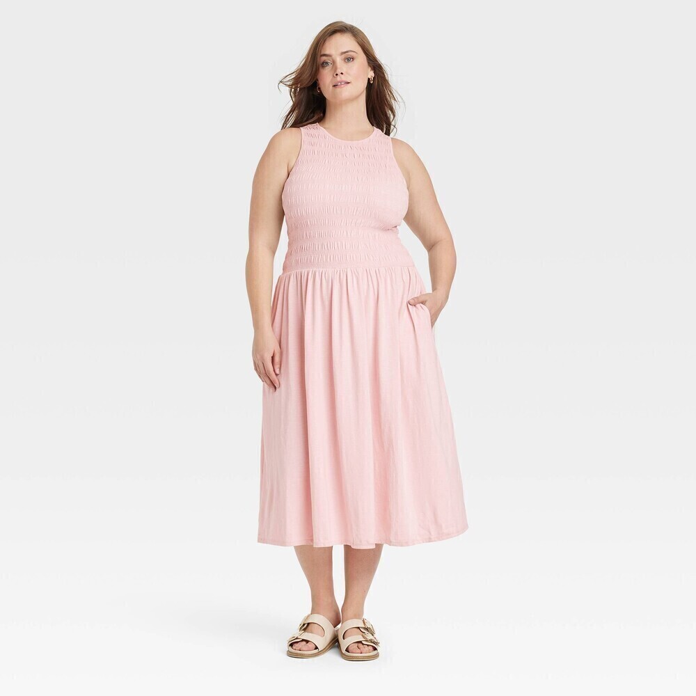 NWT Universal Thread Smocked Jersey Knit Maxi A-Line Dress - Pink XXL